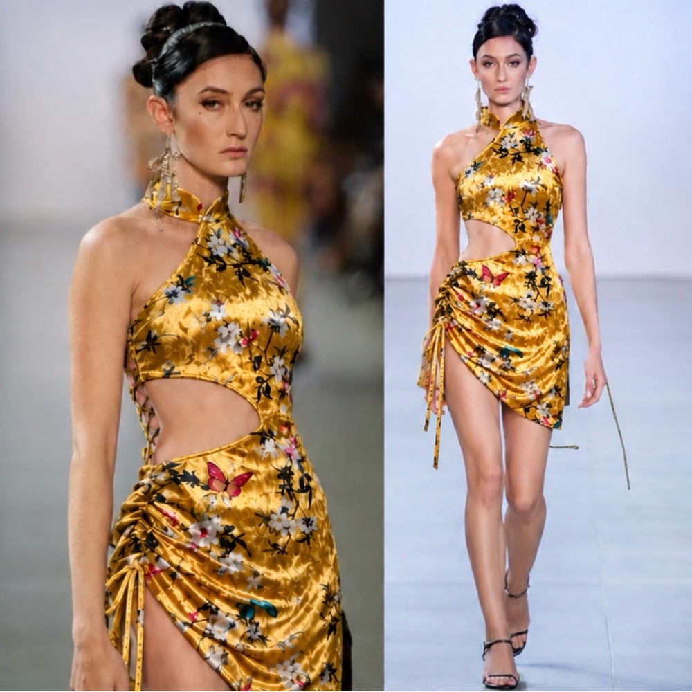 Kim Shui Yellow Gold Velvet HALTER QI PAO DRESS Cut out Miami mini Medium